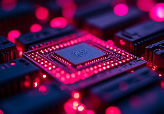 Close up of high-tech server circuits and ambient lighting